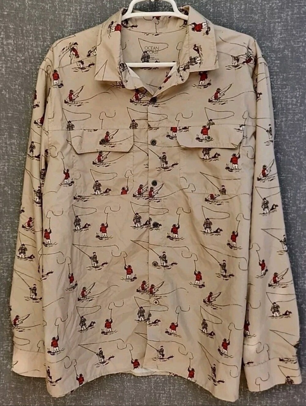 Men's Beige Fishing Print Button-Down Shirt